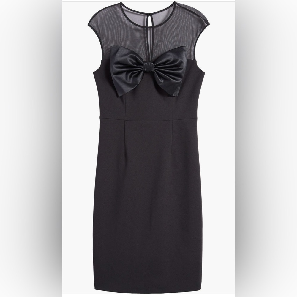 NWT Eliza J Bow Mesh Yoke Sheath Size 8 Dress Midi Sleek Elegant Timeless Luxury
